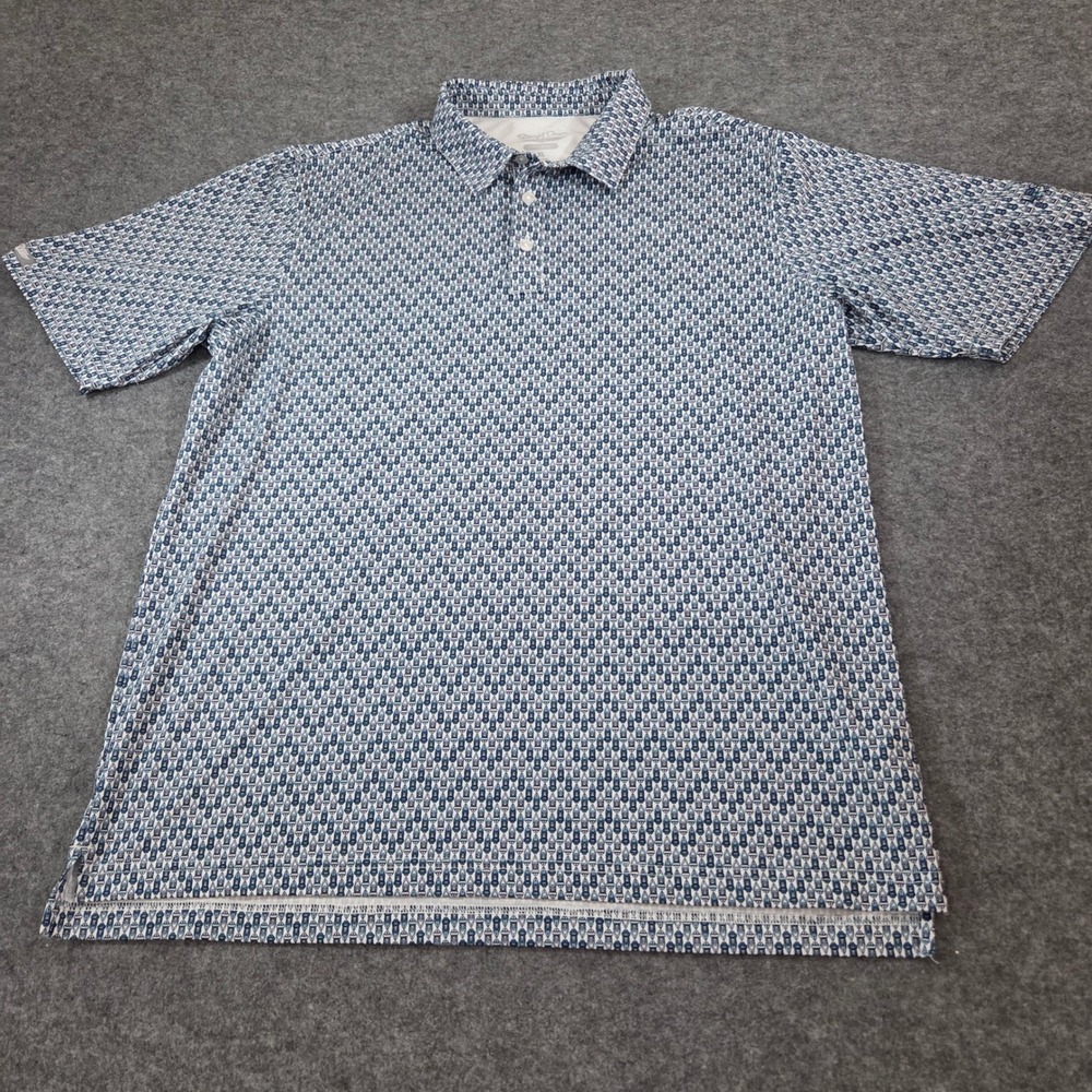 Straight Down Mens XL Performance Polo Shirt Blue White Speedboat Print Golf - Picture 2 of 10